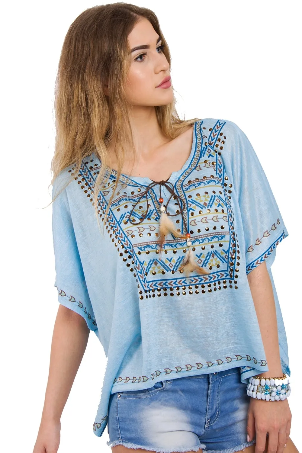 Short Aztec Feather Tassel Boho Kaftan Top