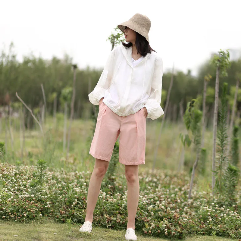 Simple Women linen Shorts Side Pockets SXM97242