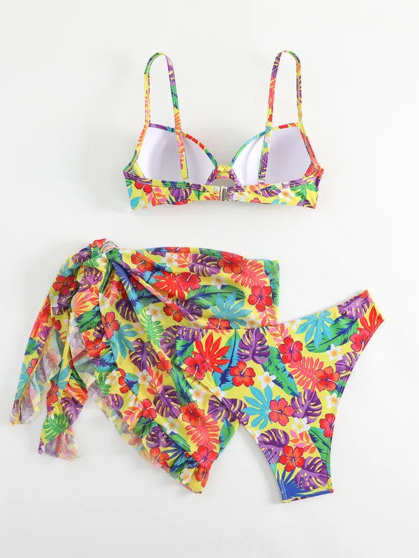 Tropical Print Push Up Bikini Swimsuit With Beach Skirt