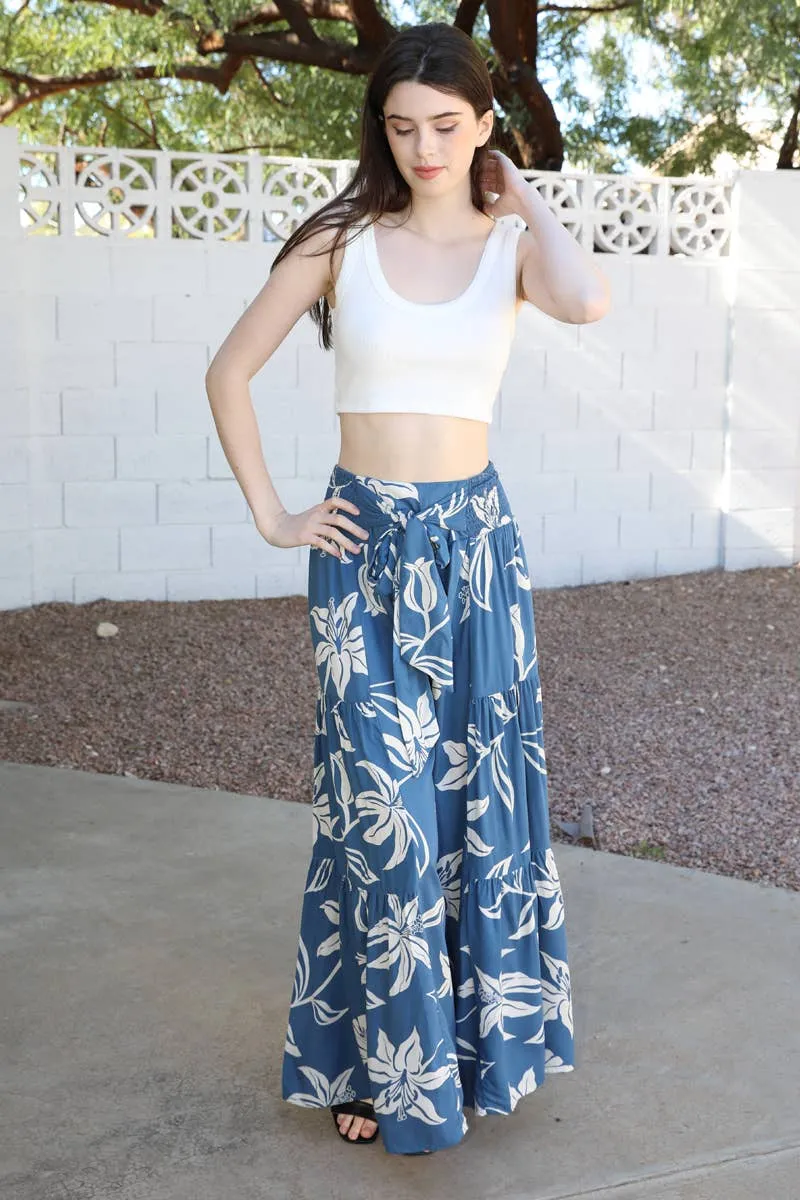 Tropical Wide Leg Pants with Tie Waist, triple tier flowy and classic