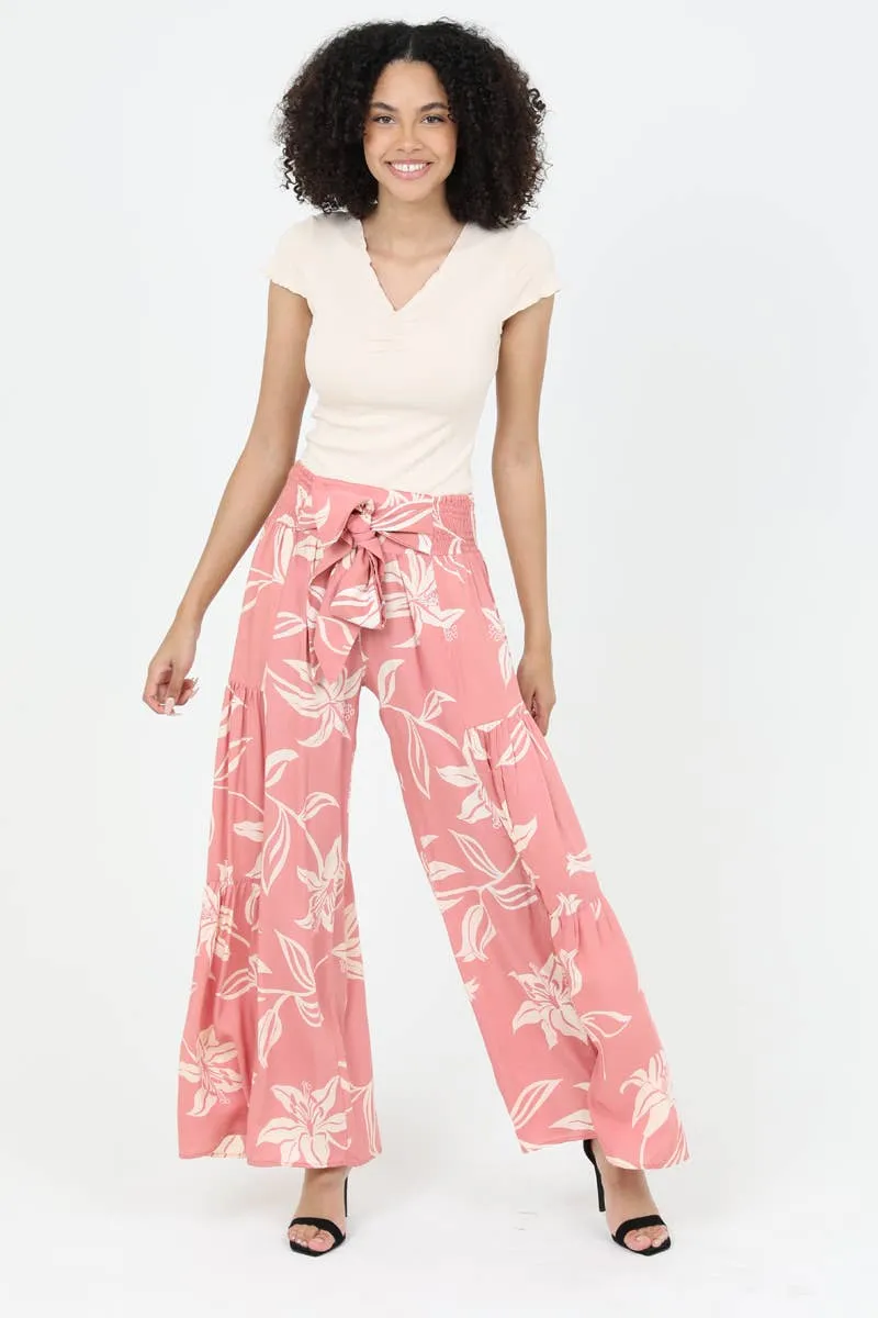 Tropical Wide Leg Pants with Tie Waist, triple tier flowy and classic