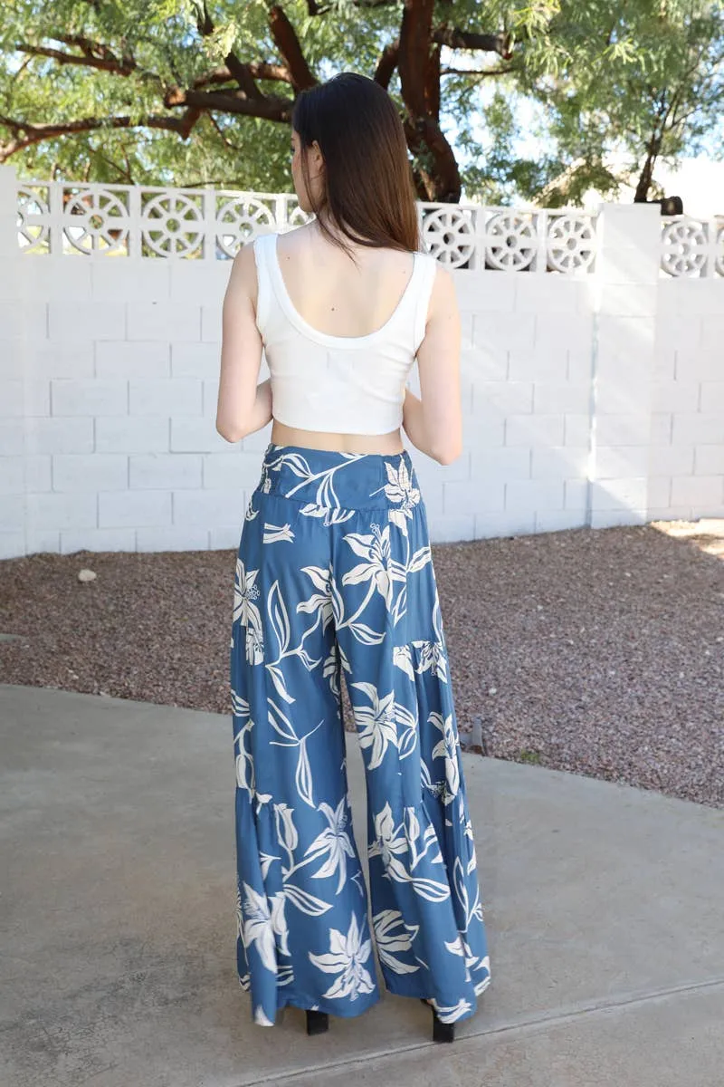 Tropical Wide Leg Pants with Tie Waist, triple tier flowy and classic