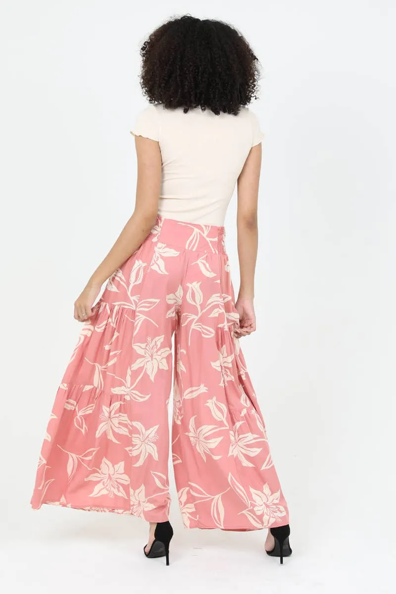 Tropical Wide Leg Pants with Tie Waist, triple tier flowy and classic