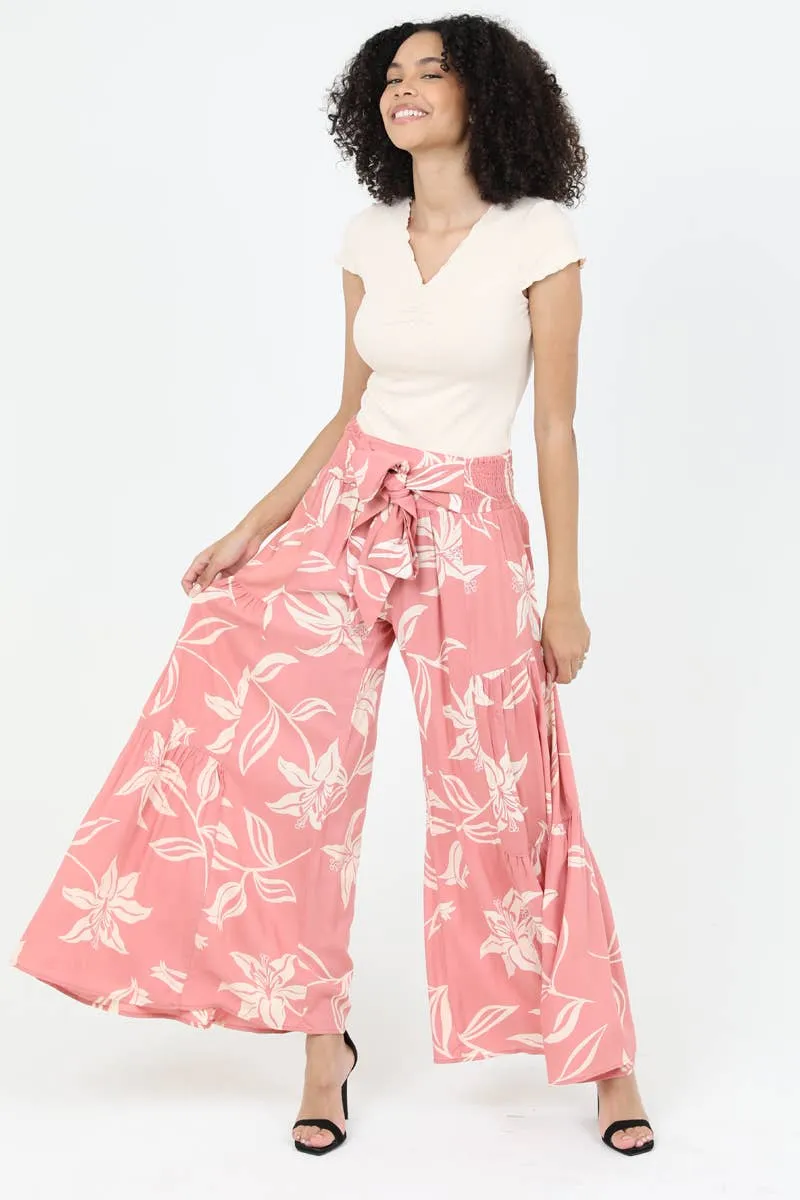 Tropical Wide Leg Pants with Tie Waist, triple tier flowy and classic