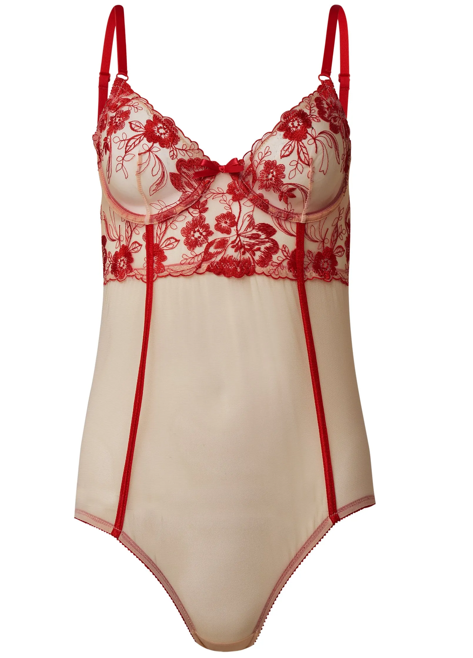 Underwire Embroidered Teddy - Nude & Red