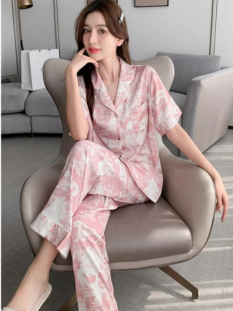 Women Pajamas Short Sleeve Pants Two Piece Set Summer Silk Thin Lapels Sweet Cardigans Large Size Casual Home Clothing