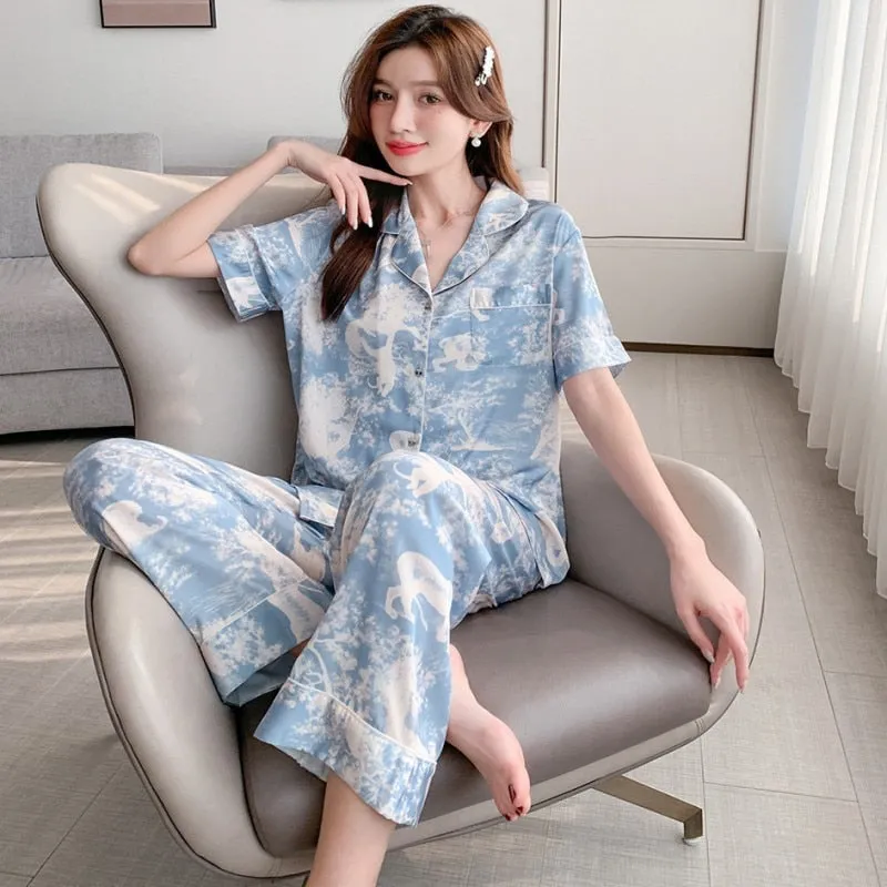 Women Pajamas Short Sleeve Pants Two Piece Set Summer Silk Thin Lapels Sweet Cardigans Large Size Casual Home Clothing