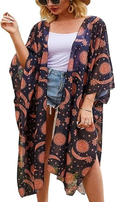 Women'S Fashion Chiffon Floral Kimono Cardigan Long Swimwear Cover Ups