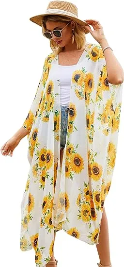 Women'S Fashion Chiffon Floral Kimono Cardigan Long Swimwear Cover Ups