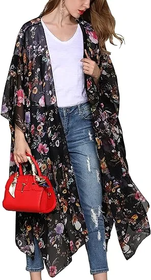 Women'S Fashion Chiffon Floral Kimono Cardigan Long Swimwear Cover Ups