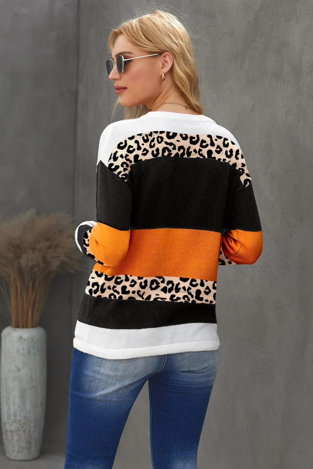 Women's Leopard Color Block Drawstring Thin Knit Sweater