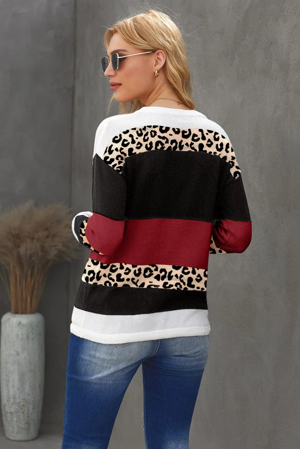 Women's Leopard Color Block Drawstring Thin Knit Sweater