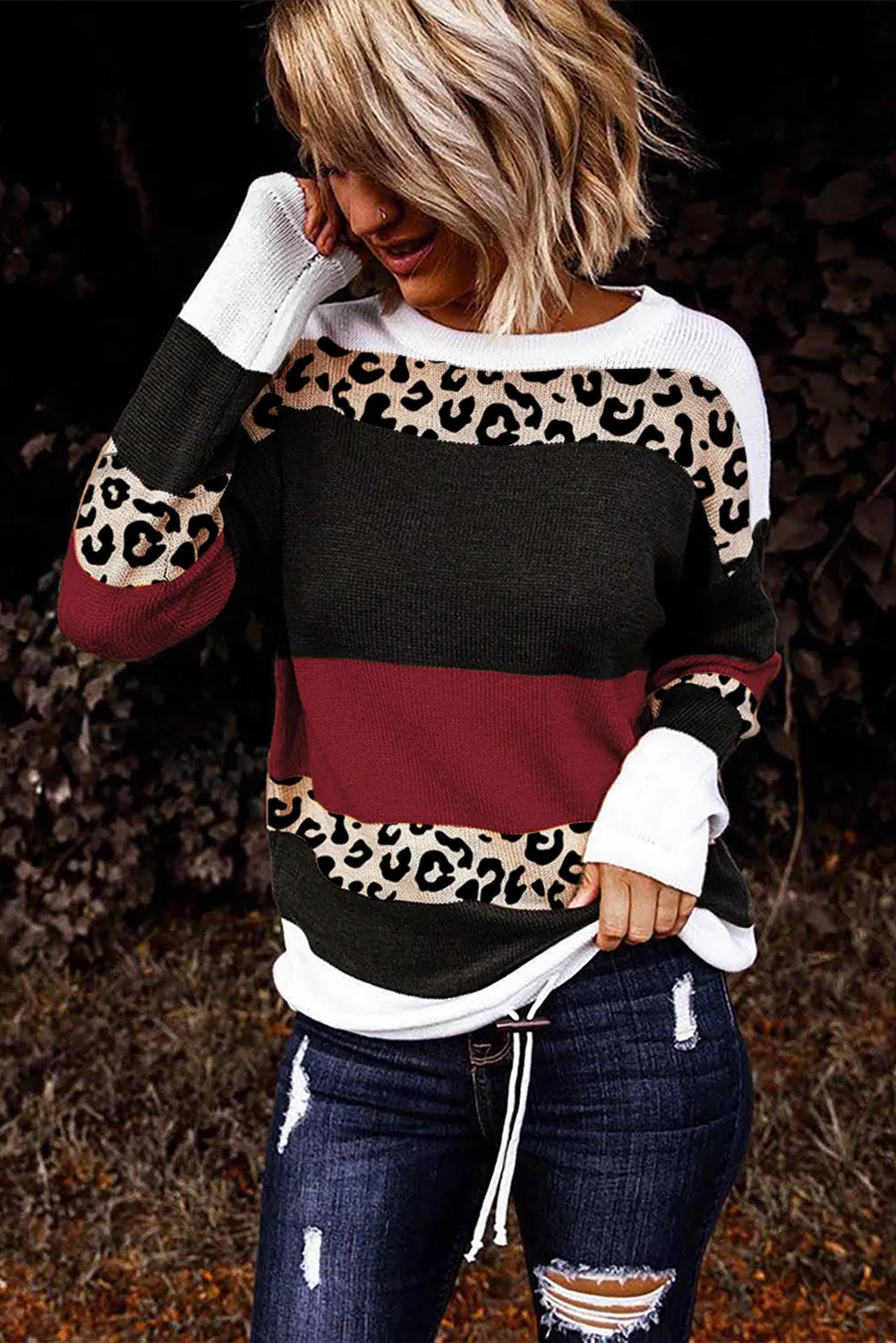 Women's Leopard Color Block Drawstring Thin Knit Sweater