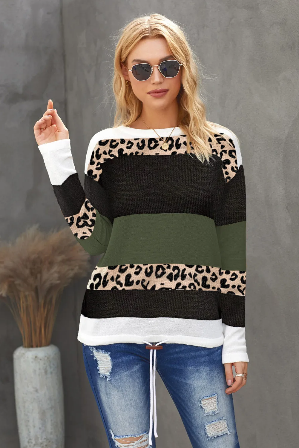 Women's Leopard Color Block Drawstring Thin Knit Sweater