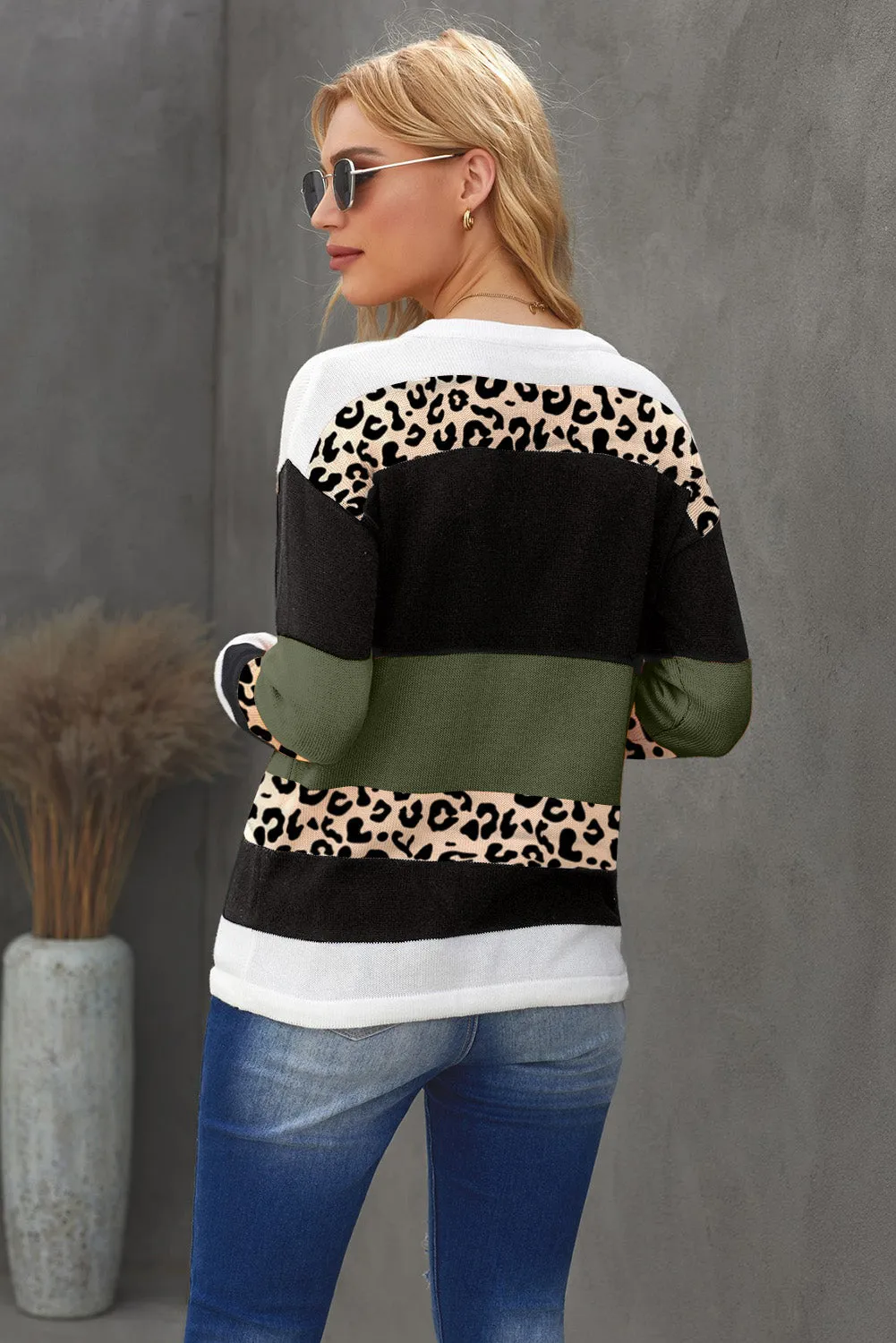 Women's Leopard Color Block Drawstring Thin Knit Sweater