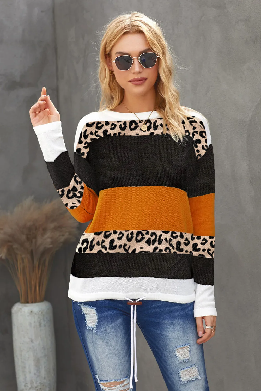 Women's Leopard Color Block Drawstring Thin Knit Sweater