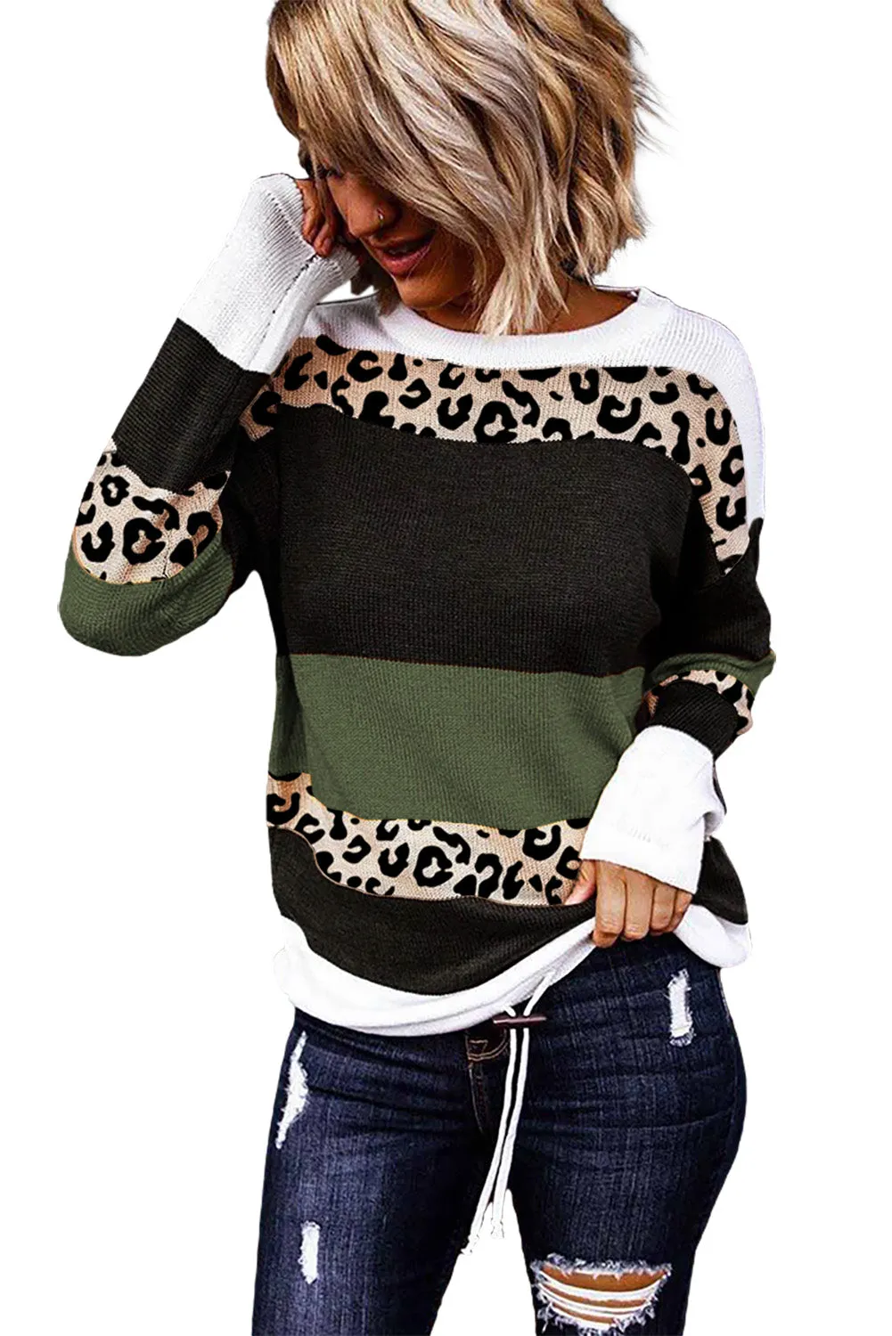 Women's Leopard Color Block Drawstring Thin Knit Sweater