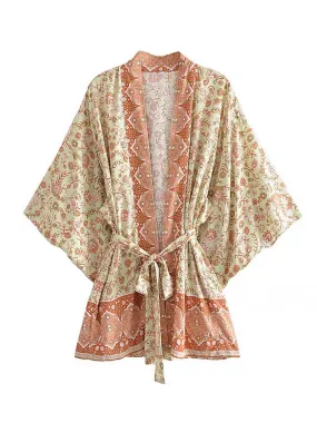 Women's Short Floral Print Brown, Purple and Orange Color Cotton Short Length Gown Kimono Duster Robe